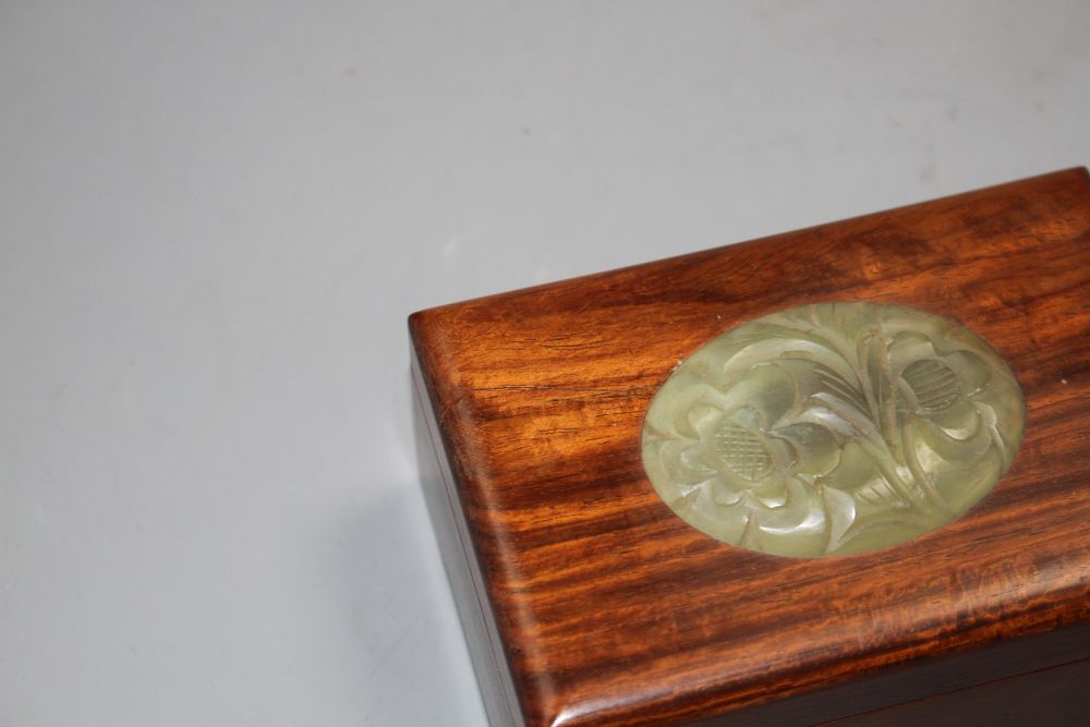 A Chinese hardwood box with inset bowenite jade panel, 13cm